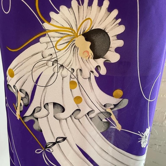 70s/80s sundress in royal purple with mustard accents, featuring Pierrot images. - Picture 5 of 5